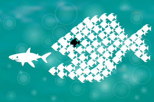 Teamwork Concept Illustration with Big Fish chasing Small fish and Fish group chasing Big fish