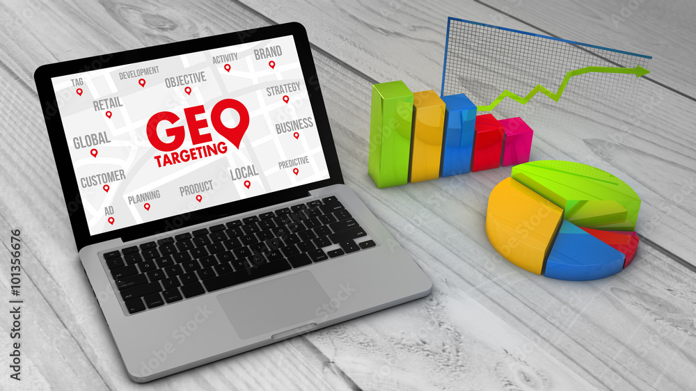 Poster stadistics charts and graphs with geo targeting on a screem lapt