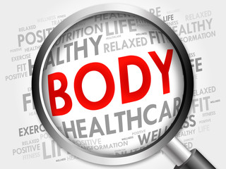 BODY word cloud with magnifying glass, health concept