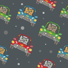 Seamless Vector Pattern with Cat Driving a Car 