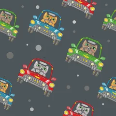 Wallpaper murals Animals in transport Seamless Vector Pattern with Cat Driving a Car 