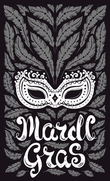 Mardi Gras celebration poster with venetian mask and feathers