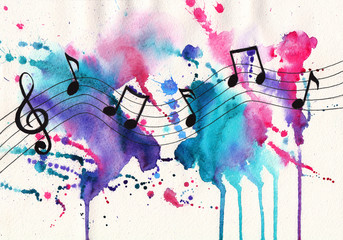 Naklejka premium Watercolor notes. Music symbols on abstract watercolor textured background