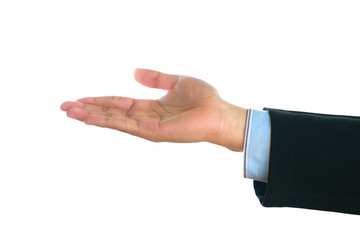 Business man hand with suit on gray background.