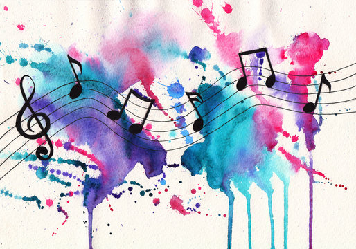 Watercolor Notes. Music Symbols On  Abstract Watercolor Textured Background