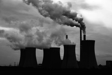 View of smoking coal power plant  - obrazy, fototapety, plakaty