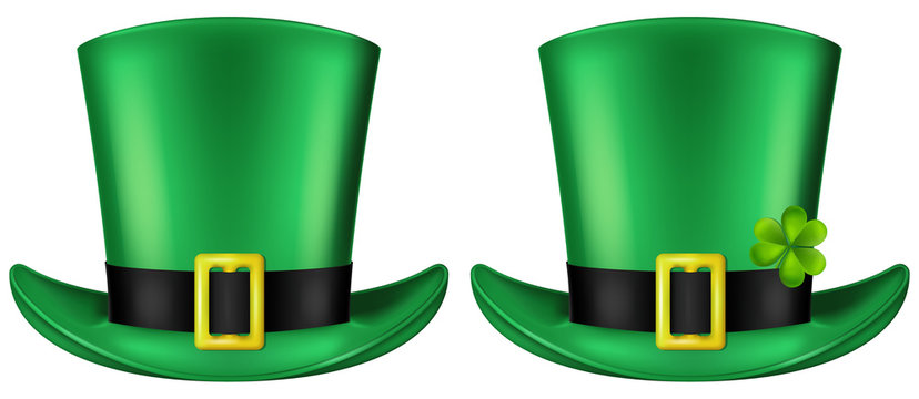 Green Leprechaun's hat, front view. St. Patrick's day design element, vector illustration. Two versions included - with and without a shamrock leaf.
