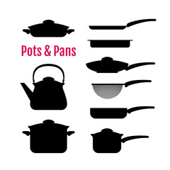 Set of silhouettes utensils. Pots, pans, kettle