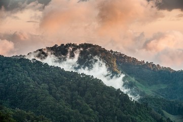 Fototapety  Wczesnym rankiem w chmurach góry siadają na szczytach, tworząc mgłę, a rozświetlone słońcem nabierają niezwykłego różu.