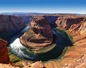 Panoramic of Arizona Horseshoe Bend meander of Colorado River in Glen Canyon