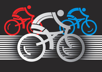 Obraz premium Abstract cyclist racers. Three racing cyclists. Colorful stylized illustration on the black background. Vector available.
