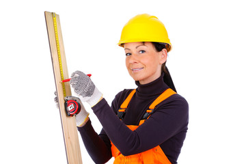Smiling of service woman worker make measuring with tape-measure