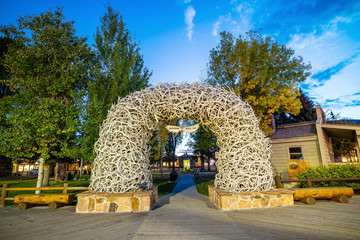 Large elk antler arches curve over Jackson Hole, Wyoming