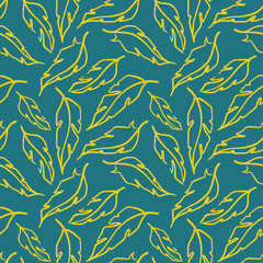 Golden yellow green turquoise feather leaf symbol seamless pattern texture background