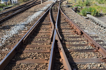 Fototapeta na wymiar 鉄道の分岐ポイント／鉄道線路で、分岐ポイントを撮影した写真です。