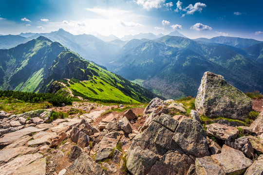 Fototapeta Trail in the Tatras Mountains at sunny day