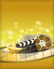 Naklejka premium cinema golden background with retro filmstrip, clapper and star