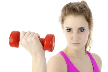 Frau bei Fitness, Muselaufbau und Workout beim Training mit Hanteln und Gewichten