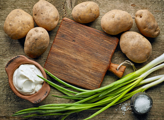 Cooking ingredients and cutting board