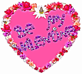 Beautiful heart with legend made of different flowers on white b