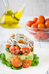 Vegetables and baby eel or elvers tartar 

