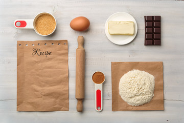 Top view of food ingredient on white wood with copy space for recipe