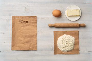 Top view of food ingredient on white wood with copy space for recipe