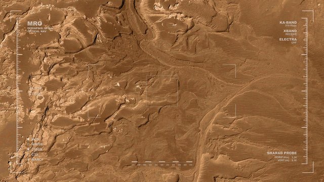Simulated Mars Orbiter flyover of Eberswalde Crater. Reversible. Scientifically accurate data displays. Data: JPL/USGS Astrogeology.