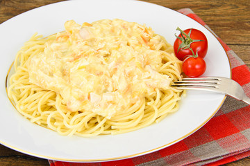 Spaghetti with Chicken, Onions, Carrots in a Creamy Sauce