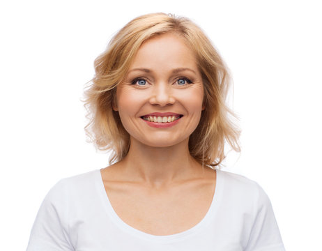 smiling woman in blank white t-shirt
