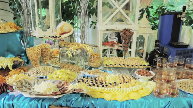 A lot of cold snacks on buffet table, catering