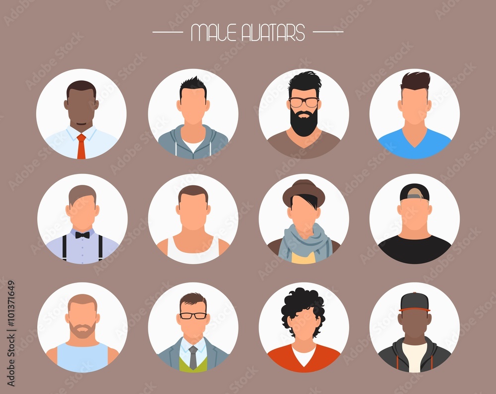 Poster male avatar icons vector set. people characters in flat style. faces with different styles and natio