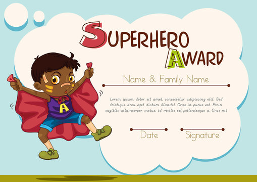 Certificate with boy being superhero background
