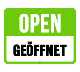 Geoffnet sign in black and green