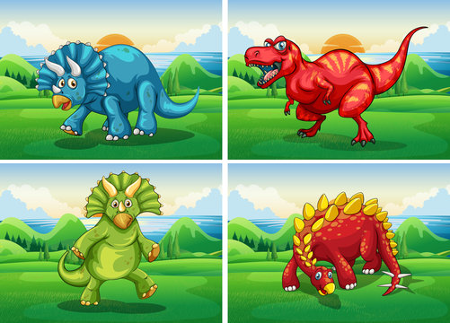 Four dinosaurs standing in the field