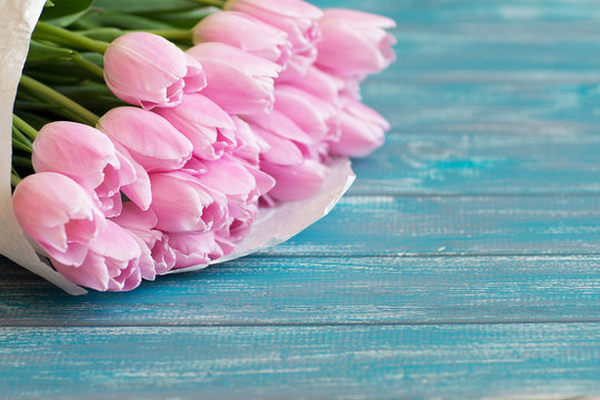 bouquet of pink tulips lie on texture painted in blue color table wrapped in Kraft paper
