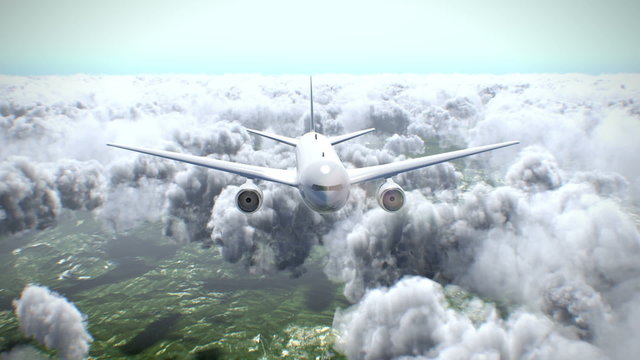 Plane Flying Above The Clouds.Camera flying around commercial airplane above the clouds