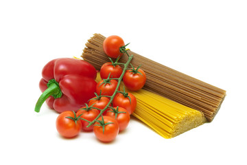 tomatoes, peppers and pasta isolated on white background