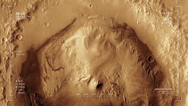 Simulated Mars Orbiter flyover of Gale Crater. Reversible. Scientifically accurate data displays. Data: JPL/USGS Astrogeology.