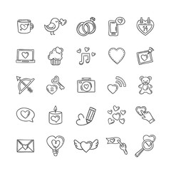 Hand drawn wedding icons and vector love doodles. Saint Valentine symbols