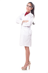 Full length portrait of young scientist on white background.