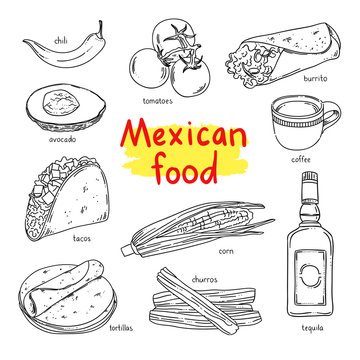 Mexican food. National dishes of Mexico: coffee, vegetables, tequila, churros and other mexican eating. Vector food for mexican menu