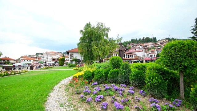 OHRID, MACEDONIA, JUNE 2015: Beautiful park view in the center of Ohrid city. Ohrid city is famous for its unesco listed historical center and beautiful lake separating Macedonia from Albania