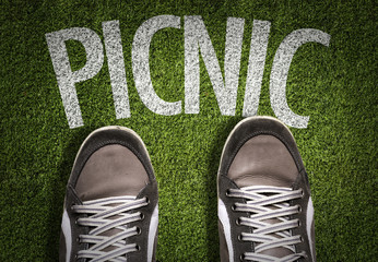 Top View of Sneakers on the grass with the text: Picnic