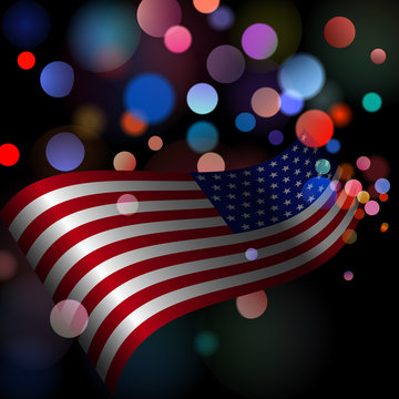 US flag on a holiday background, beautiful bokeh, waving flag. vector.