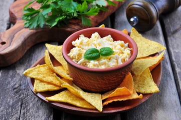 Dip cheese with egg and tortilla chips