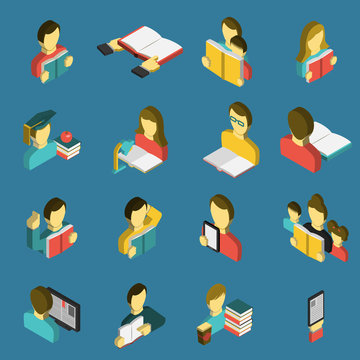 Education Reading Isometric Icons Set 