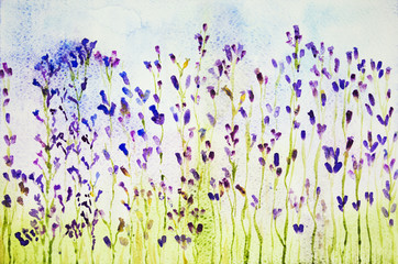 Impression of a lavender field seen from a low view point. The dabbing technique near the edges gives a soft focus effect due to the altered surface roughness of the paper.