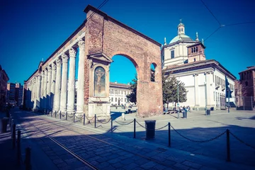 Fototapete Monument Milan city monuments and places  saint Lawrence basilica - vintage style photo    