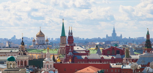 Top view of the Moscow Kremlin, Christ the Savior Cathedral, towers and roofs
